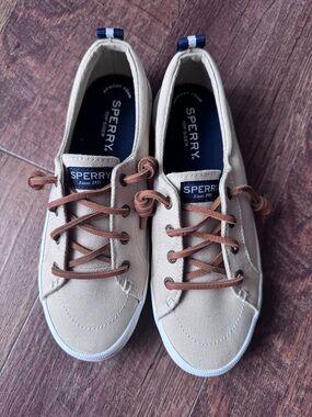 Sperry Beige Canvas Low-Top Sneakers with Brown Laces